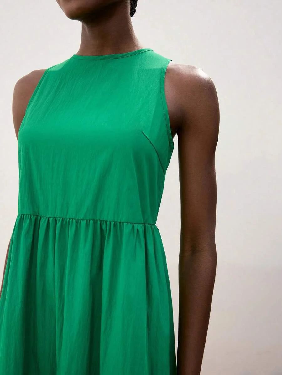 Womens Jade Green Oversized Tiered Ruffle Design Split Casual Dress Modern Resort Wear Comfortable