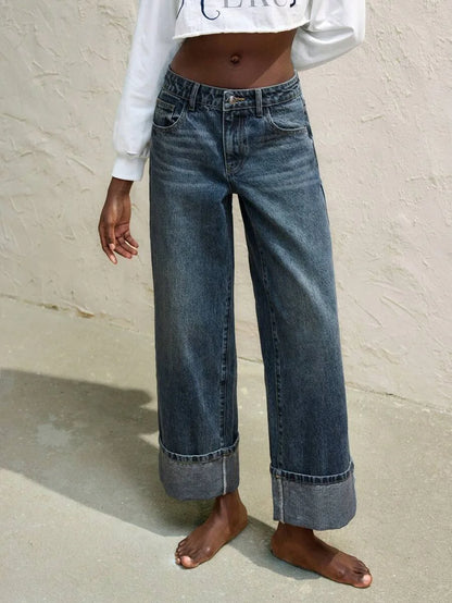 Womens Jeans Retro Gray Blue Straight Leg Ninth Pants TurnDown Cuffs Casual And Versatile