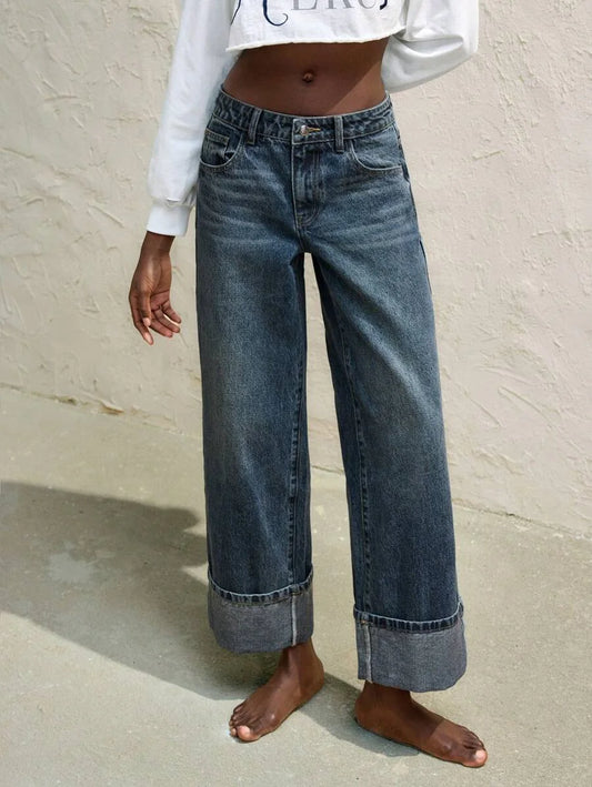 Womens Jeans Retro Gray Blue Straight Leg Ninth Pants TurnDown Cuffs Casual And Versatile