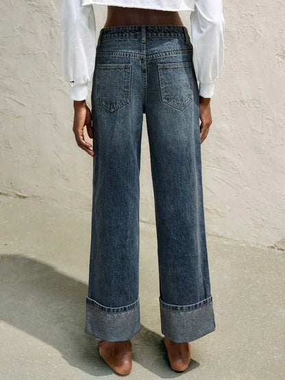 Womens Jeans Retro Gray Blue Straight Leg Ninth Pants TurnDown Cuffs Casual And Versatile