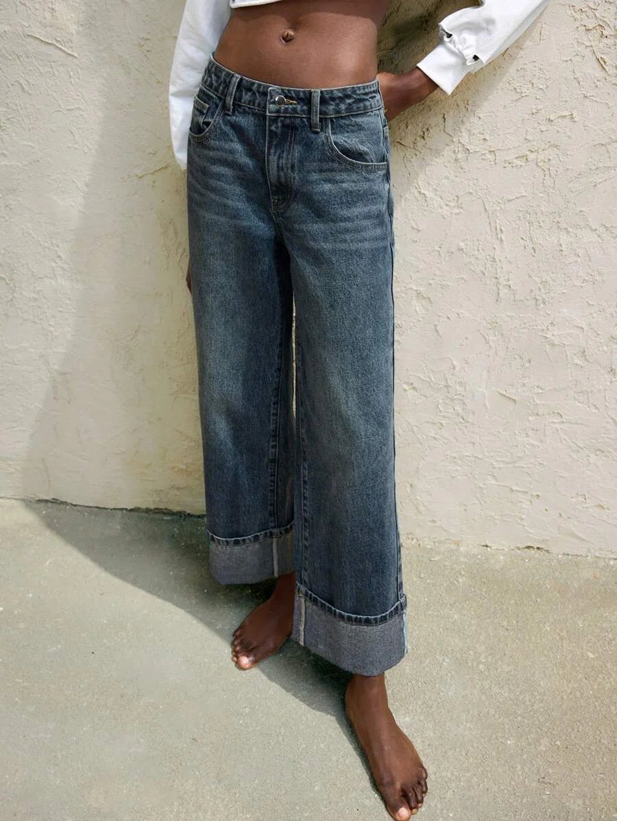 Womens Jeans Retro Gray Blue Straight Leg Ninth Pants TurnDown Cuffs Casual And Versatile