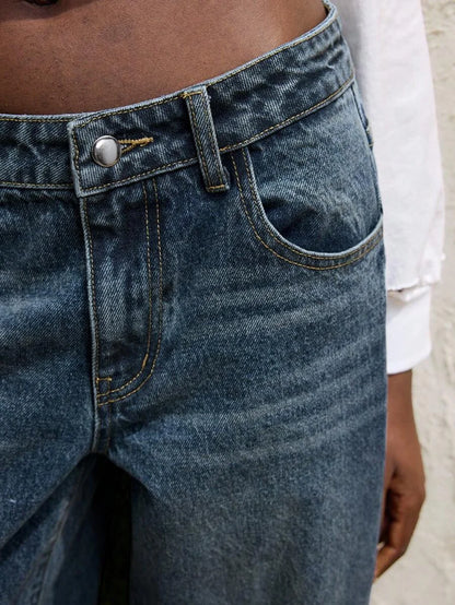 Womens Jeans Retro Gray Blue Straight Leg Ninth Pants TurnDown Cuffs Casual And Versatile