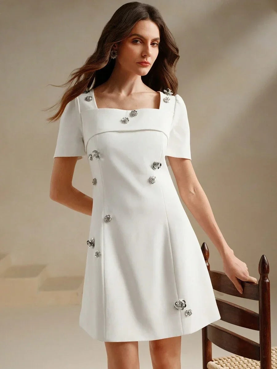 Womens Korean Elegant Floral Decor Square Neck Slip Dress Figure Flattering Sparkle