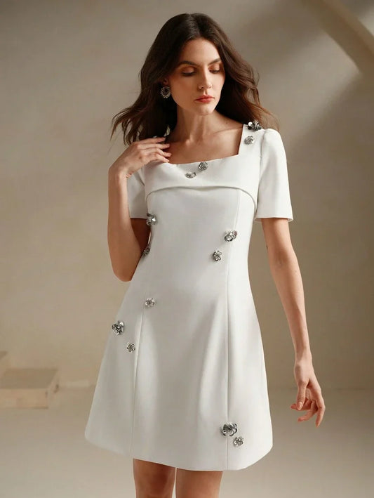 Womens Korean Elegant Floral Decor Square Neck Slip Dress Figure Flattering Sparkle
