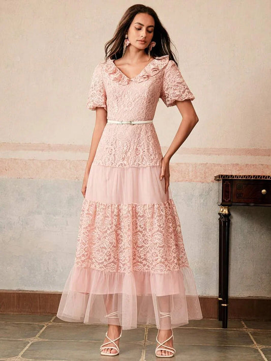 Womens Lace amp Mesh Patchwork Dress Long Gown For Party Spring Break