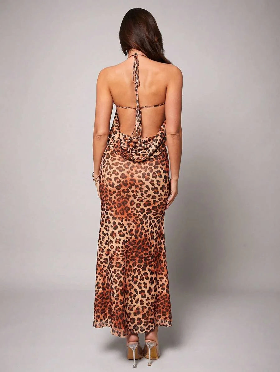 Womens Leopard Print Elastic Mesh Beach Dress Romantic Date amp Everyday Wear Backless Spaghetti