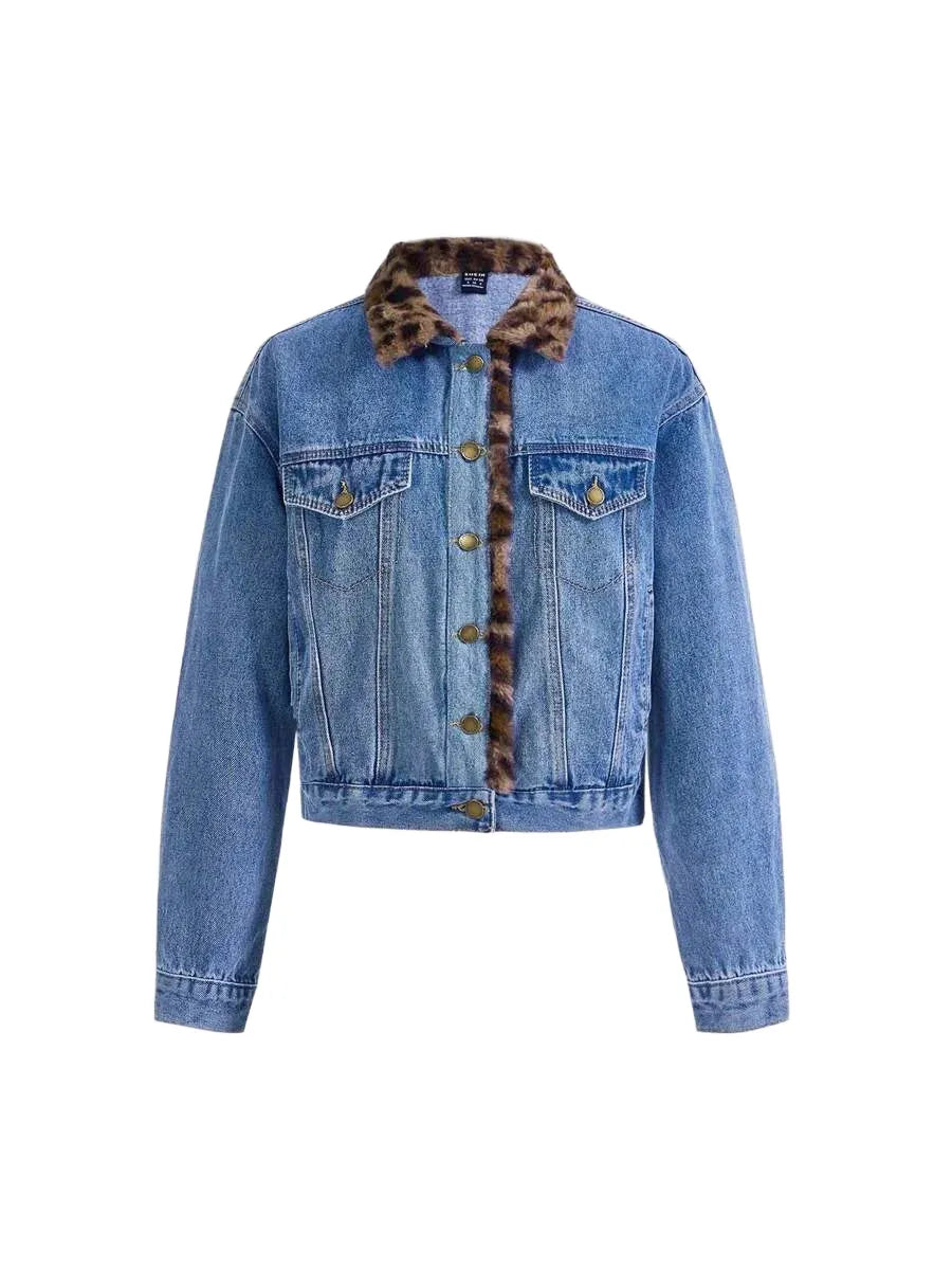 Womens Leopard Print Plush Patchwork Denim Jacket