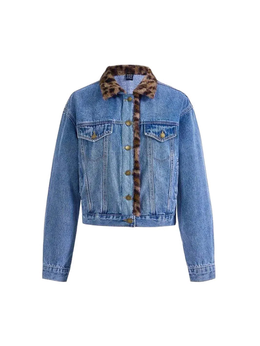 Womens Leopard Print Plush Patchwork Denim Jacket