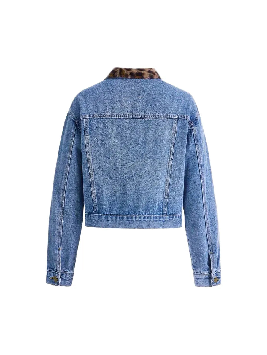 Womens Leopard Print Plush Patchwork Denim Jacket