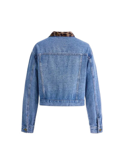 Womens Leopard Print Plush Patchwork Denim Jacket