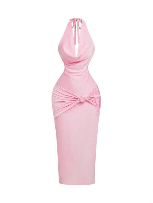 Womens Light Pink Draped Neck FormFitting Midi Dress Elegant DressFormal DressNew Years Eve Dress