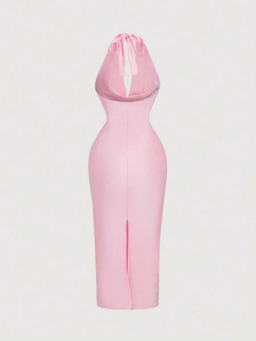 Womens Light Pink Draped Neck FormFitting Midi Dress Elegant DressFormal DressNew Years Eve Dress