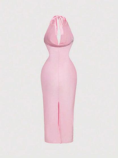Womens Light Pink Draped Neck FormFitting Midi Dress Elegant DressFormal DressNew Years Eve Dress