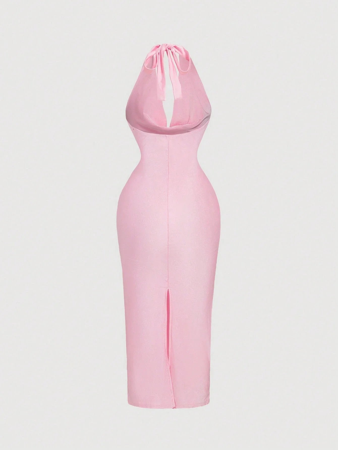 Womens Light Pink Draped Neck FormFitting Midi Dress Elegant DressFormal DressNew Years Eve Dress