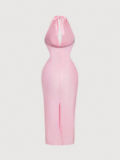 Womens Light Pink Draped Neck FormFitting Midi Dress Elegant DressFormal DressNew Years Eve Dress