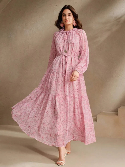 Womens Long Floral Print Dress With Floral Applique Collar Long Sleeves Waist Gathering Casual And
