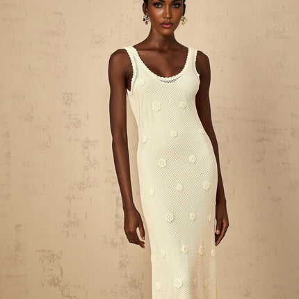Womens long maxi dress with floral embroidery and crochet knit details in white fabric