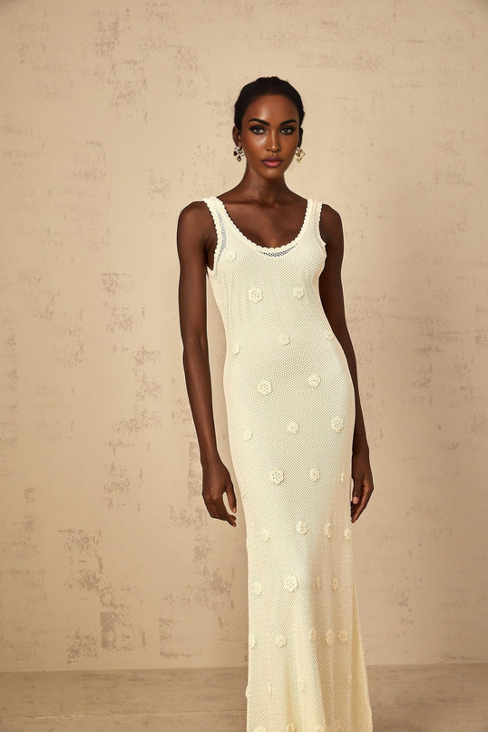 Womens long maxi dress with floral embroidery and crochet knit details in white fabric