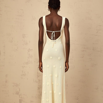 Womens long maxi dress with floral embroidery and crochet knit details in white fabric