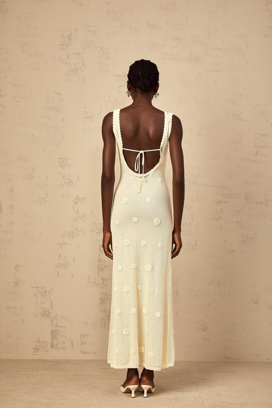 Womens long maxi dress with floral embroidery and crochet knit details in white fabric