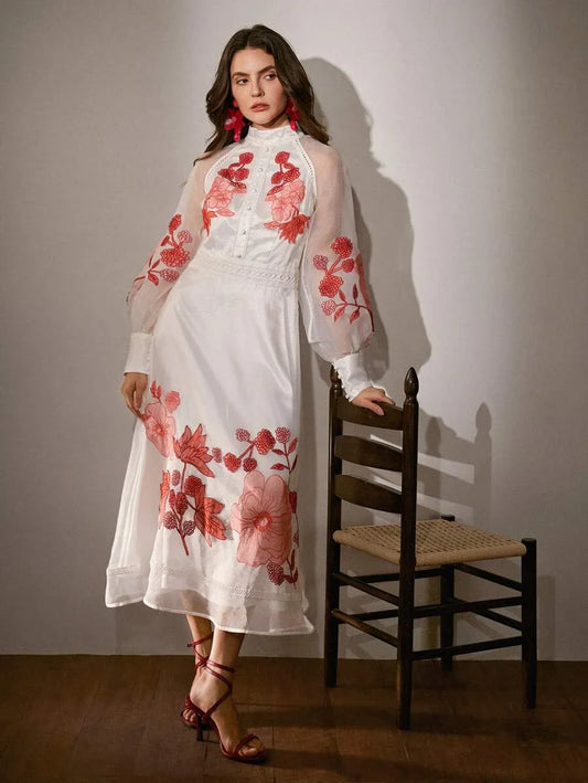 Womens Long Sleeve Dress Floral Embroidery Patchwork Lace Trim Elegant Luxury Style Gown