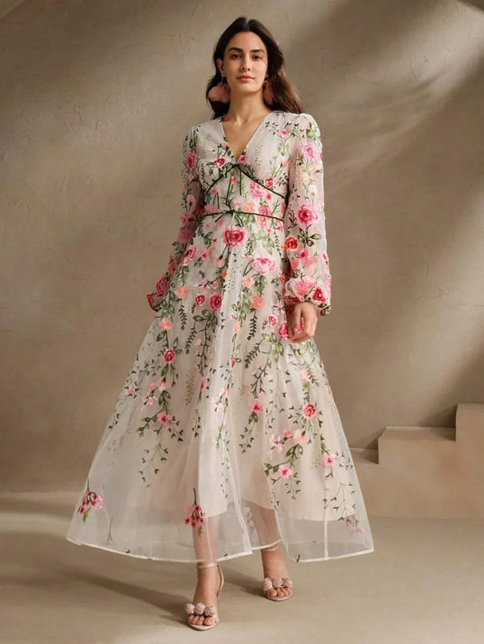 Womens Long Sleeve Floral Embroidery Mesh Loose Elegant Casual Dress Pink