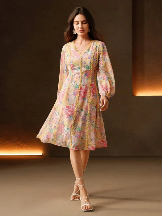 Womens Long Sleeve Floral Print VNeck Elegant Yellow Dress Spring Outfits For Women