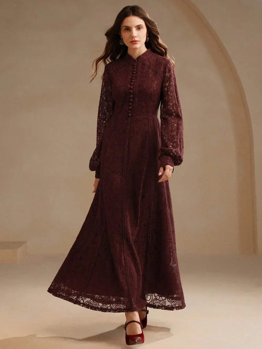 Womens Long Sleeve Lace Burgundy Dress Maxi Women Outfit