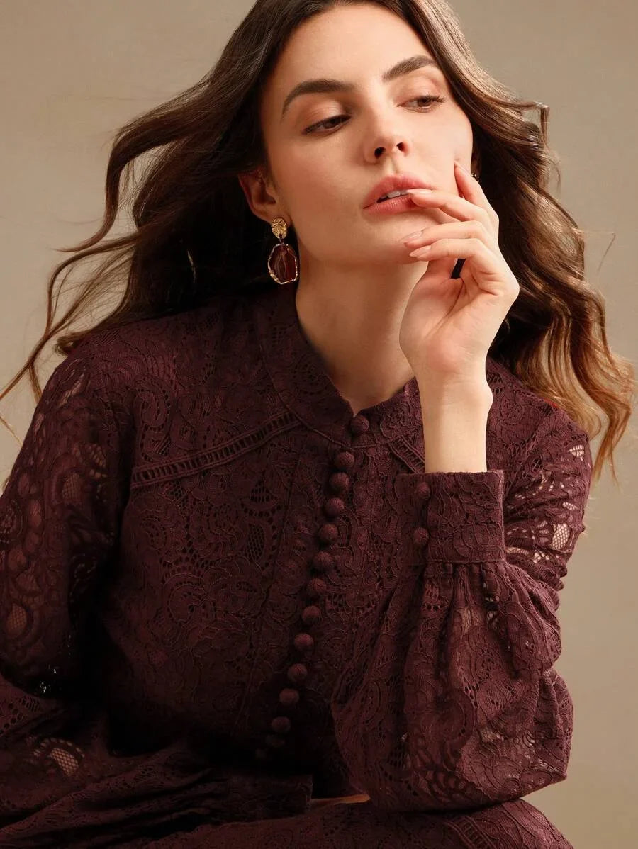 Womens Long Sleeve Lace Burgundy Dress Maxi Women Outfit