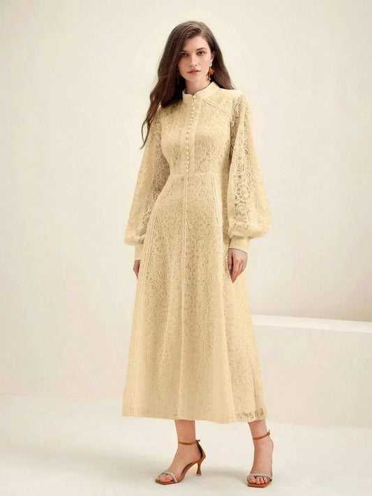 Womens Long Sleeve Lace Solid Color Dress Maxi Women Outfit
