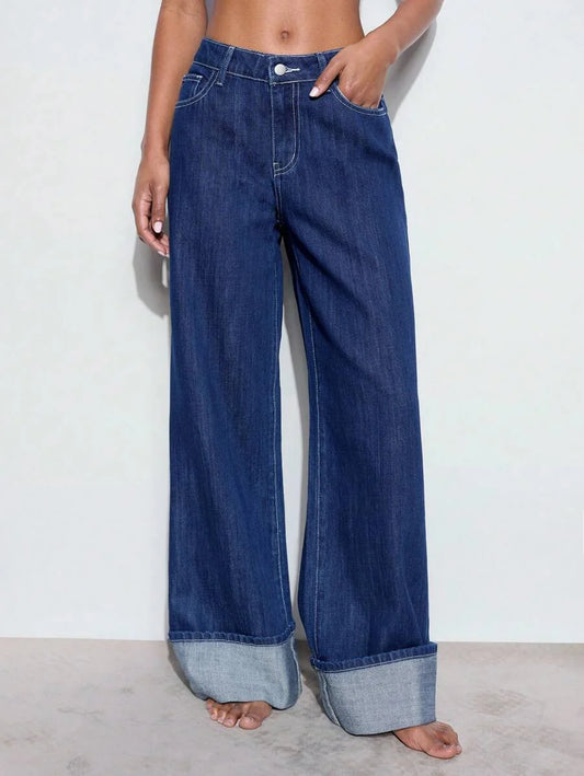 Womens Loose Fit Pocket Design Wide Leg Casual Versatile Jeans