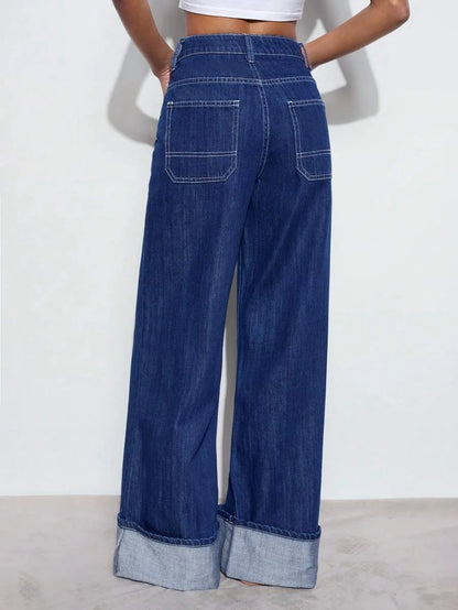 Womens Loose Fit Pocket Design Wide Leg Casual Versatile Jeans
