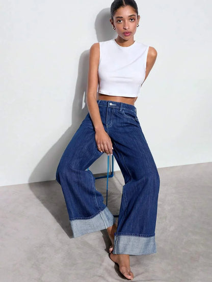Womens Loose Fit Pocket Design Wide Leg Casual Versatile Jeans