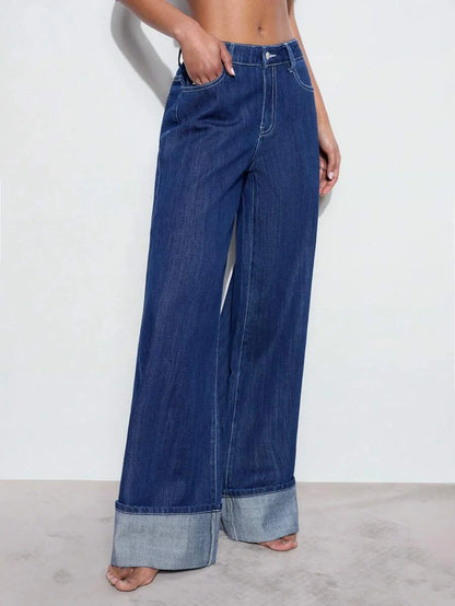 Womens Loose Fit Pocket Design Wide Leg Casual Versatile Jeans