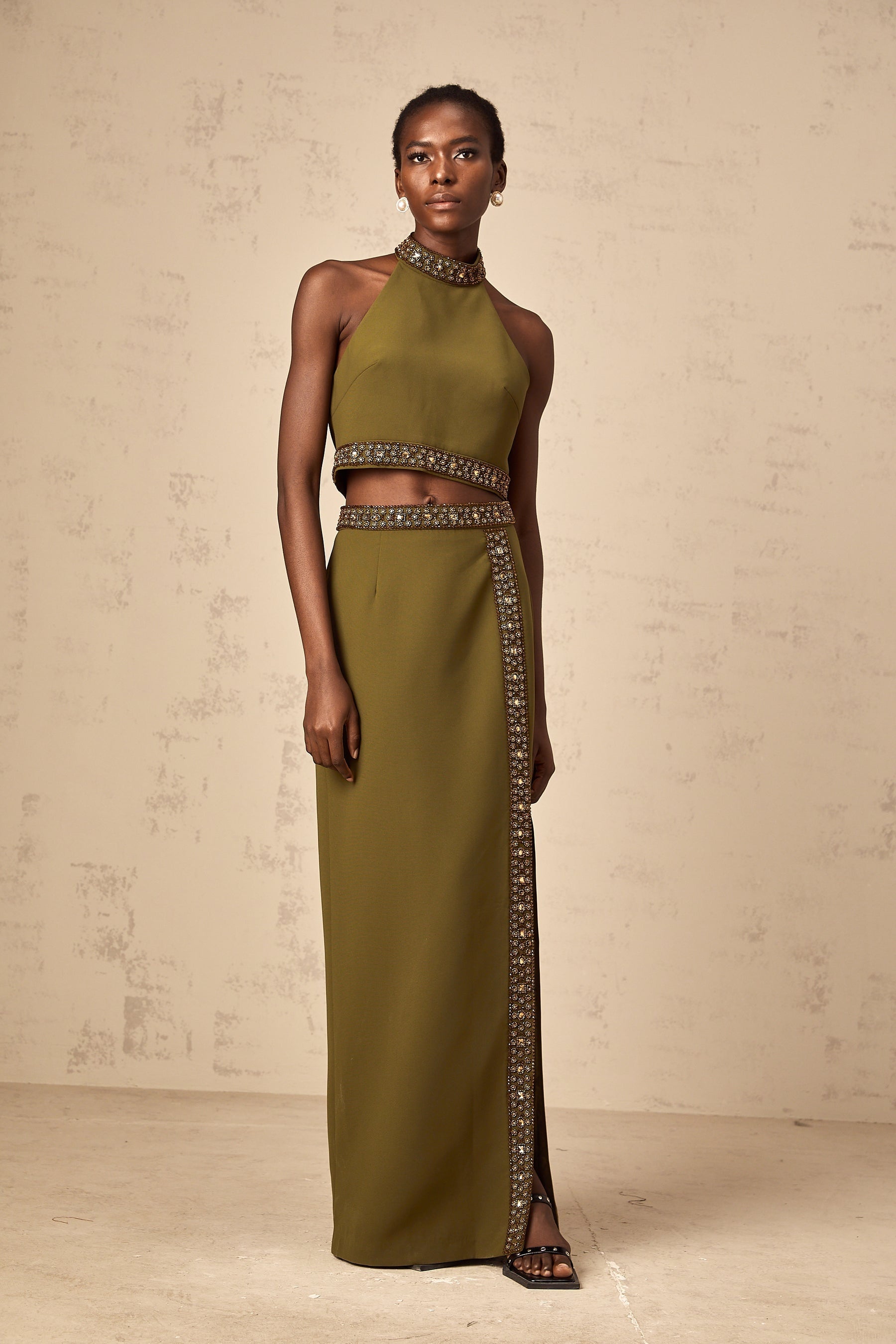 Womens matching set with green daisy print top and skirt featuring beaded trim details