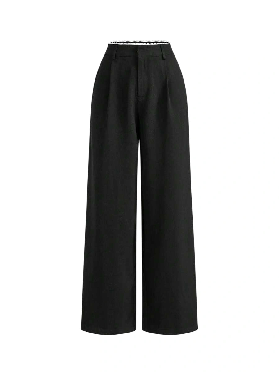 Womens MidRise Solid Color Lace Trim Pocket Wide Leg Pants