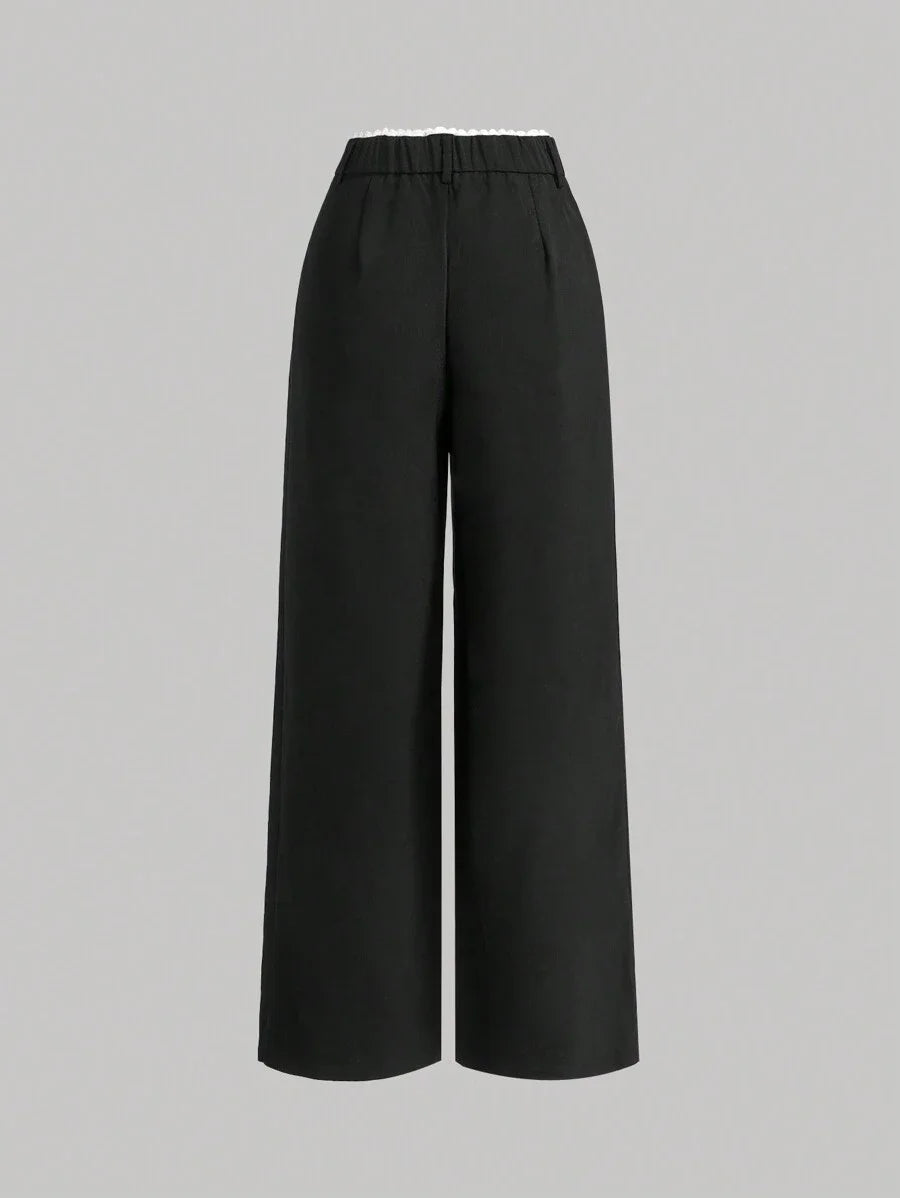 Womens MidRise Solid Color Lace Trim Pocket Wide Leg Pants