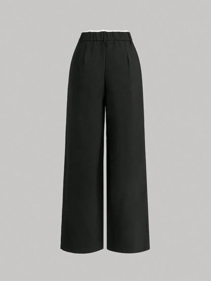 Womens MidRise Solid Color Lace Trim Pocket Wide Leg Pants