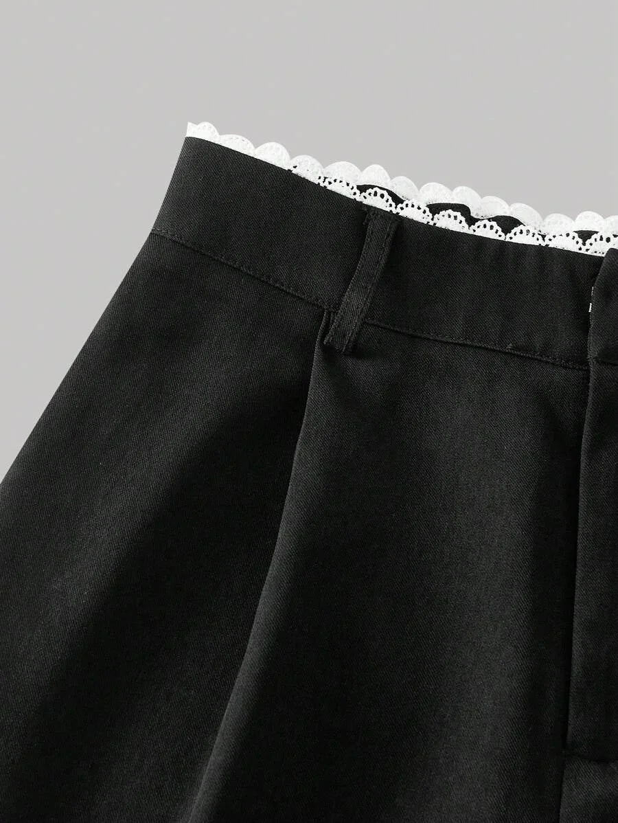 Womens MidRise Solid Color Lace Trim Pocket Wide Leg Pants