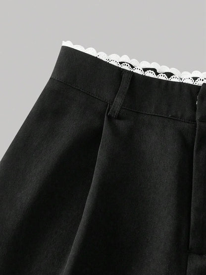 Womens MidRise Solid Color Lace Trim Pocket Wide Leg Pants