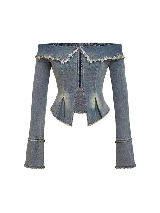 Womens Off Shoulder Long Sleeve Denim Jacket With Fringe Design