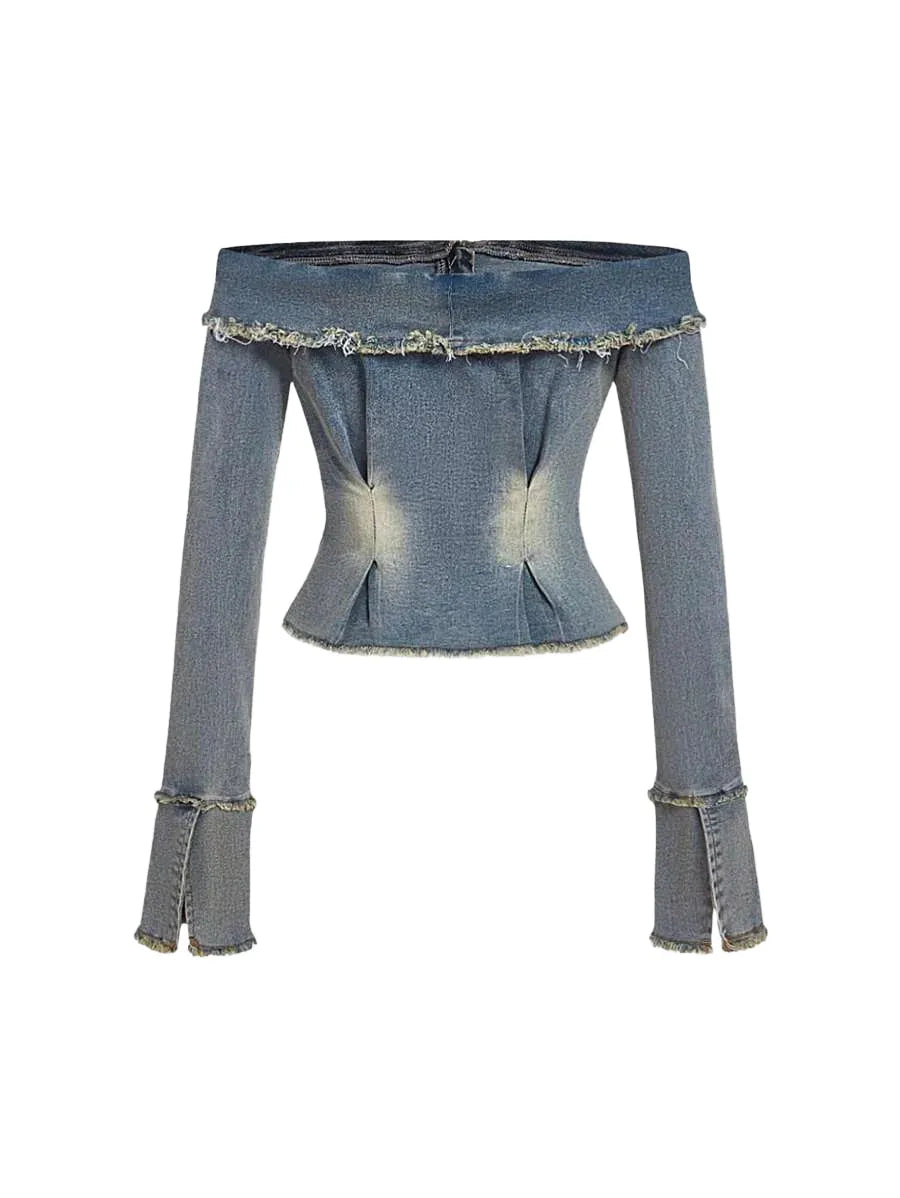 Womens Off Shoulder Long Sleeve Denim Jacket With Fringe Design