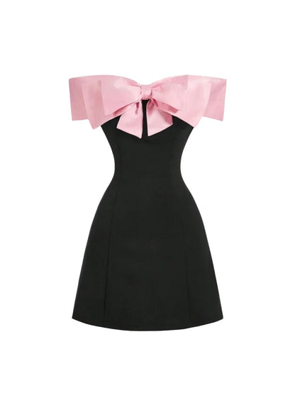 Womens Open Shoulder Contrast Bow Tie Short Dress Black Cocktail Dress For PartyBlack Homecoming