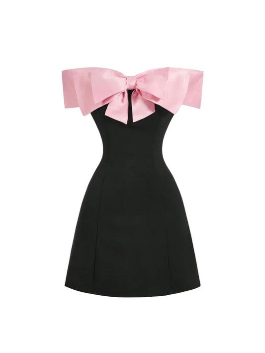 Womens Open Shoulder Contrast Bow Tie Short Dress Black Cocktail Dress For PartyBlack Homecoming