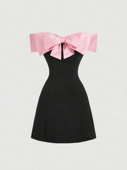 Womens Open Shoulder Contrast Bow Tie Short Dress Black Cocktail Dress For PartyBlack Homecoming