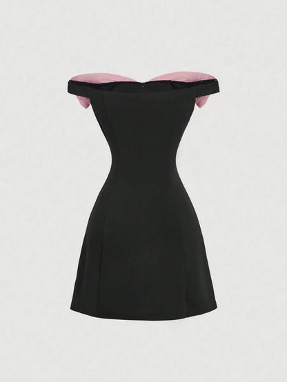 Womens Open Shoulder Contrast Bow Tie Short Dress Black Cocktail Dress For PartyBlack Homecoming