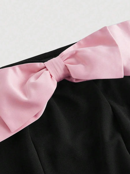 Womens Open Shoulder Contrast Bow Tie Short Dress Black Cocktail Dress For PartyBlack Homecoming