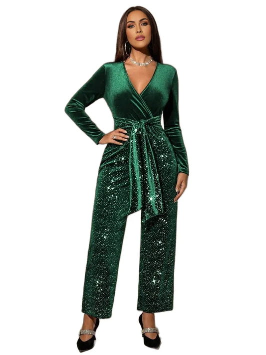 Womens Overlap VNeck Long Sleeve Shiny Wide Leg Velvet Sexy JumpsuitParty Women Red