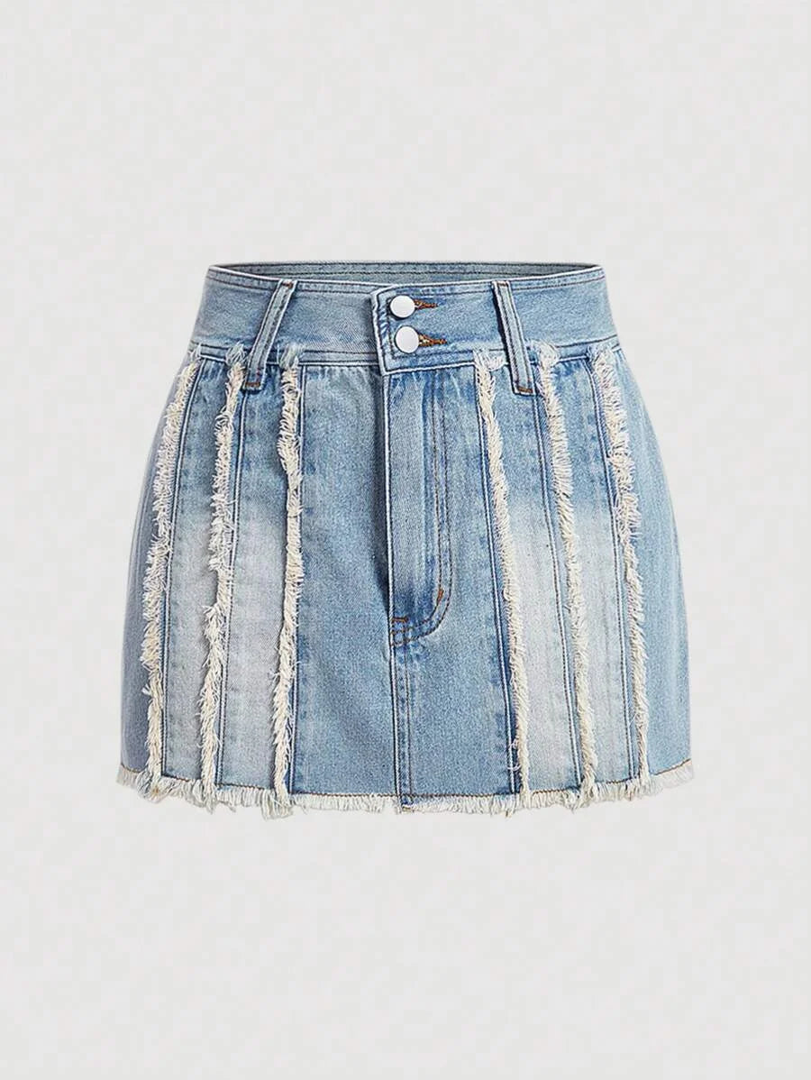 Womens Patchwork Frayed Denim Shorts