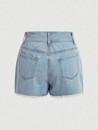 Womens Patchwork Frayed Denim Shorts